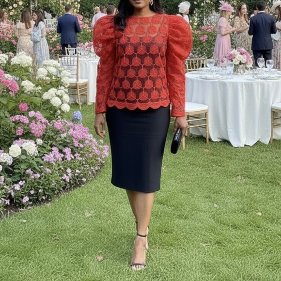 # A032 N BY NANCY Romantic Vibe Red puffy sleeves Vintage top NWT XL - Picture 2 of 12